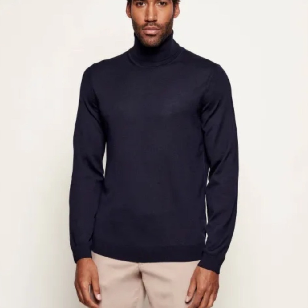 BOSS Musso-P Mens Slim Fit Navy Blue Merino Virgin Wool Turtleneck Sweater L